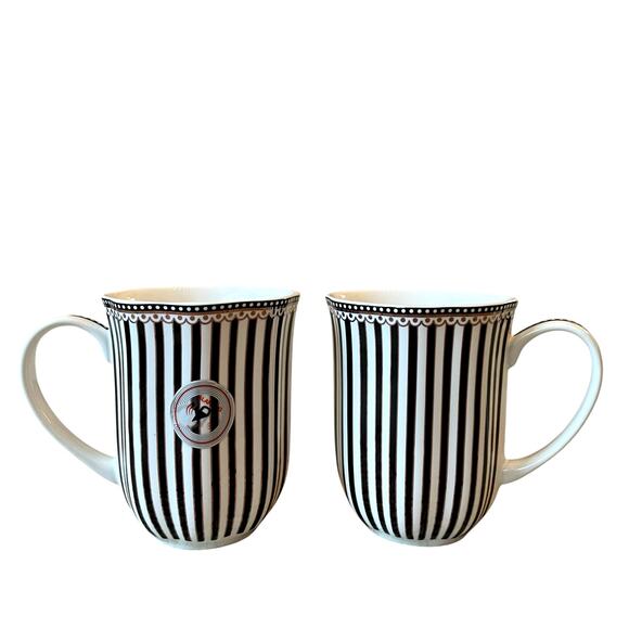 Grace Teaware Porcelain Coffee Mug Set of 2 Black & White Stripe Gold Accent New - Picture 1 of 16